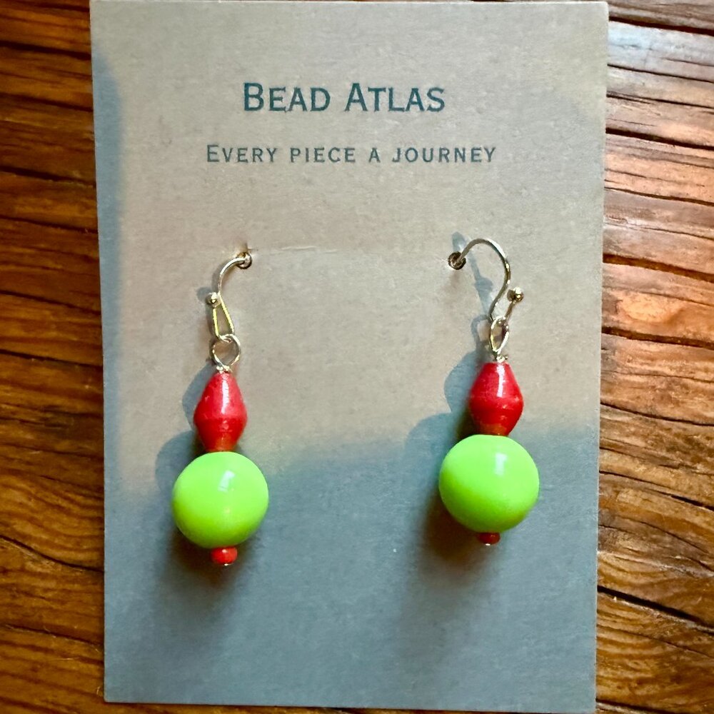 Handmade Bead Atlas Earrings | Green Ceramic & Red Paper BEad